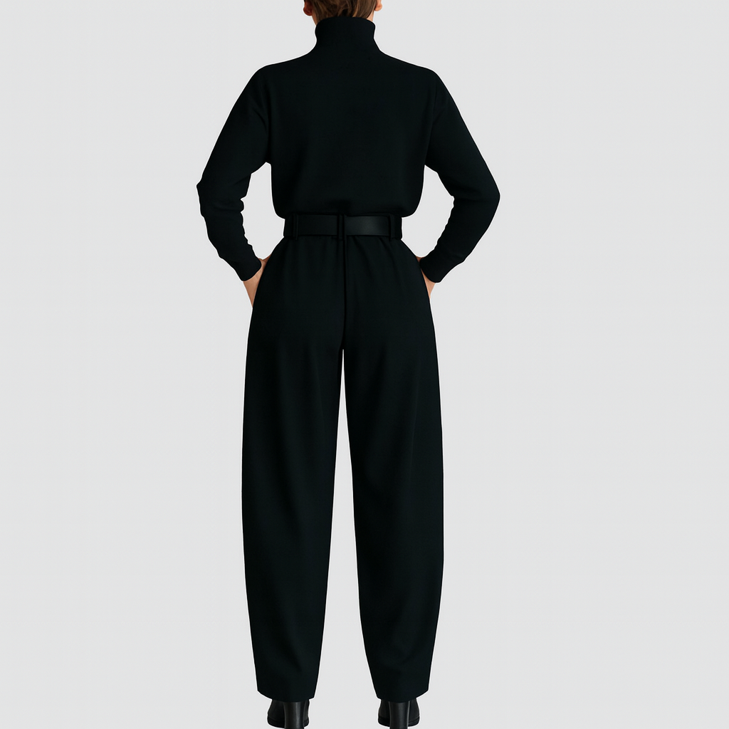 Nora All-Black Turtleneck & Straight-Leg Pants Two-Piece Set (with Belt)