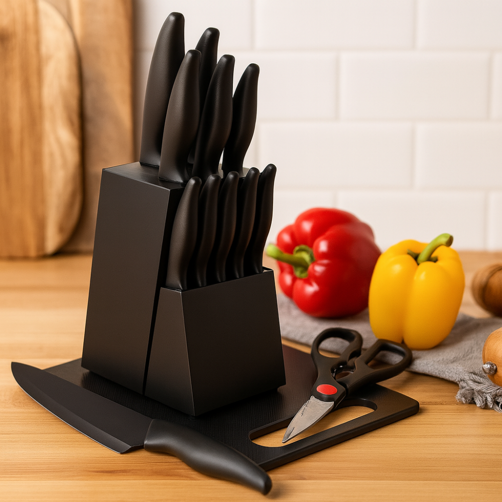 Noiresta | Set of 15 kitchen utensils with black wood block and accessories