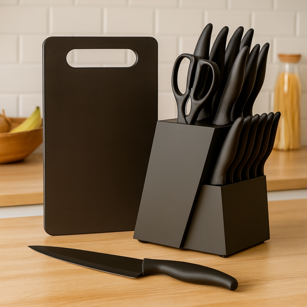 Noiresta | Set of 15 kitchen utensils with black wood block and accessories