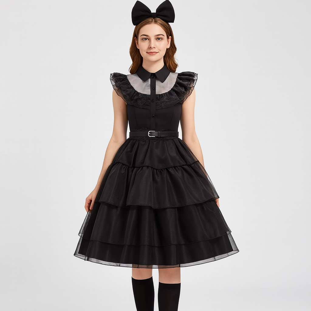 Nythera | Gothic Cosplay Net Dress with Layered Collar