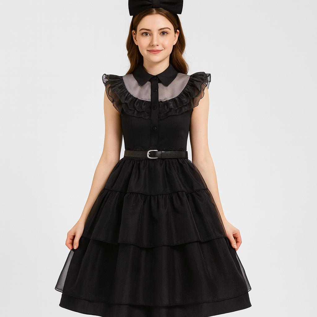 Nythera | Gothic Cosplay Net Dress with Layered Collar