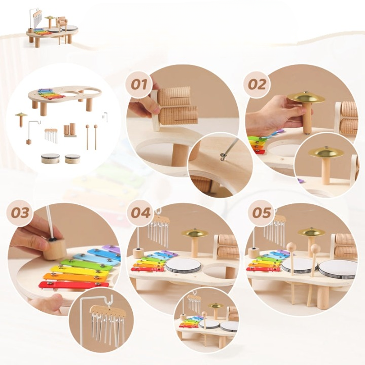 MelodyPlay Wooden Music Table – All-in-One Educational Instrument for Little Ones with Drums, Xylophone, and Metallophones