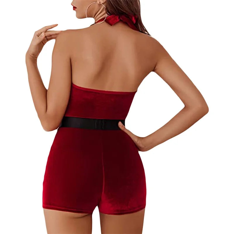 Sally - Women's Sleeveless Jumpsuit with Fur Trim and Halter Neck