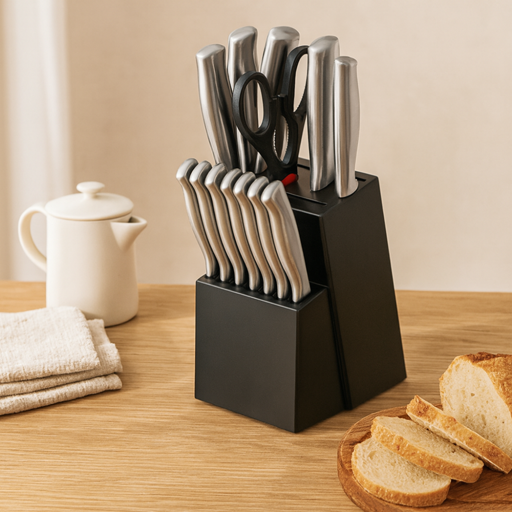Sande | 14-Piece Stainless Steel Kitchen Utensil Set with Solid Wood Block