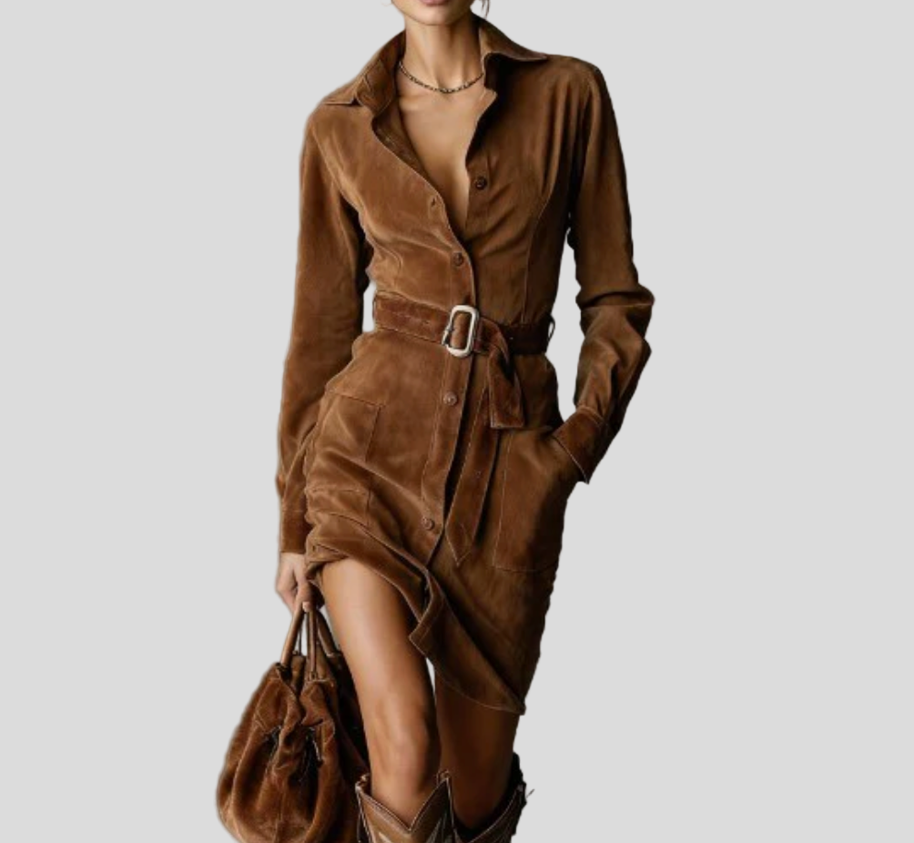 Vellora Suede Lapel Midi Dress – Sleek & Structured Elegance