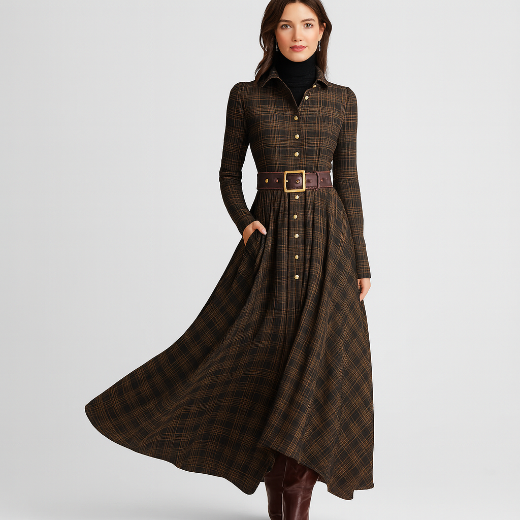 Velora Plaid Long Shirt Dress – Brown & Black Checked Elegance