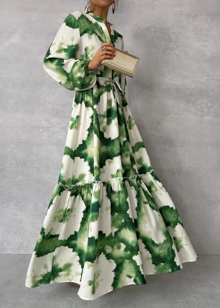 Emerald Elegance | Green Long Sleeve V-Neck Maxi Dress