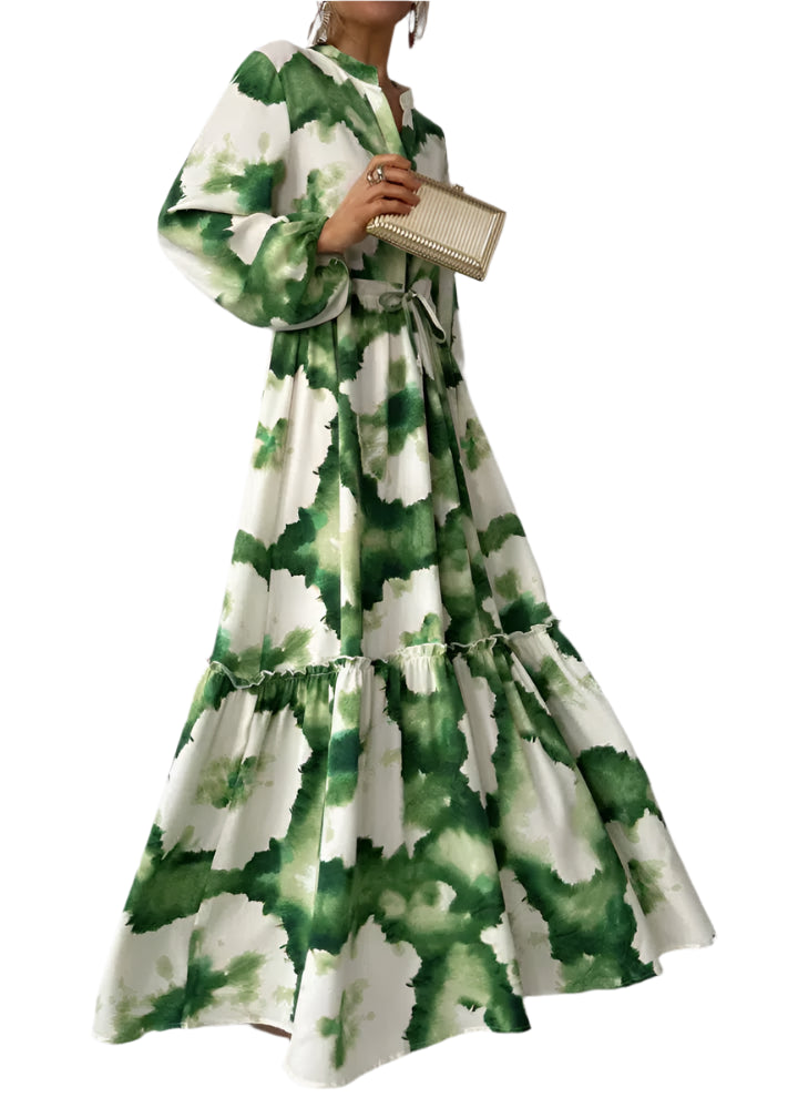 Emerald Elegance | Green Long Sleeve V-Neck Maxi Dress
