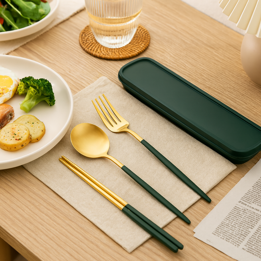 Zeyora | 4-Piece Travel Cutlery and Chopstick Set made of Stainless Steel with Holder