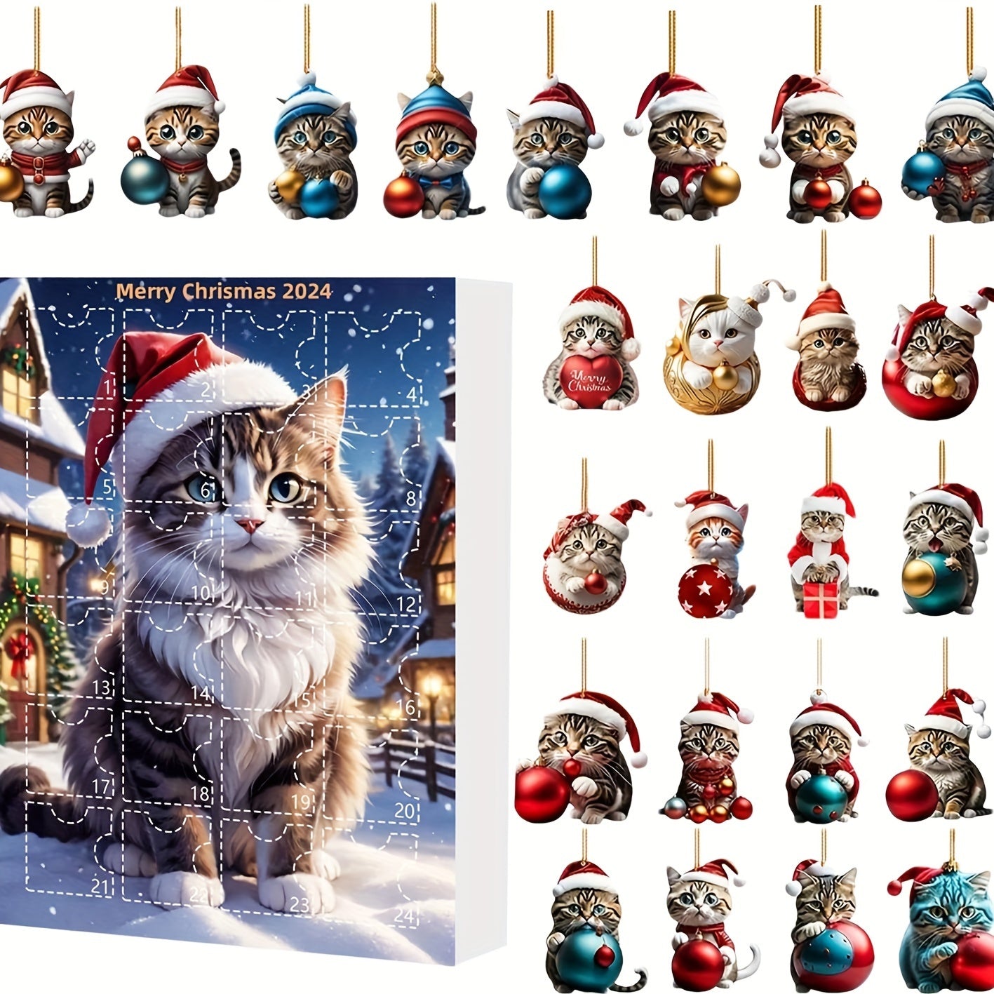 Vintage Advent Calendar with Acrylic Cat Pendants 2025, 24-Day Christmas Countdown for Cat Lovers