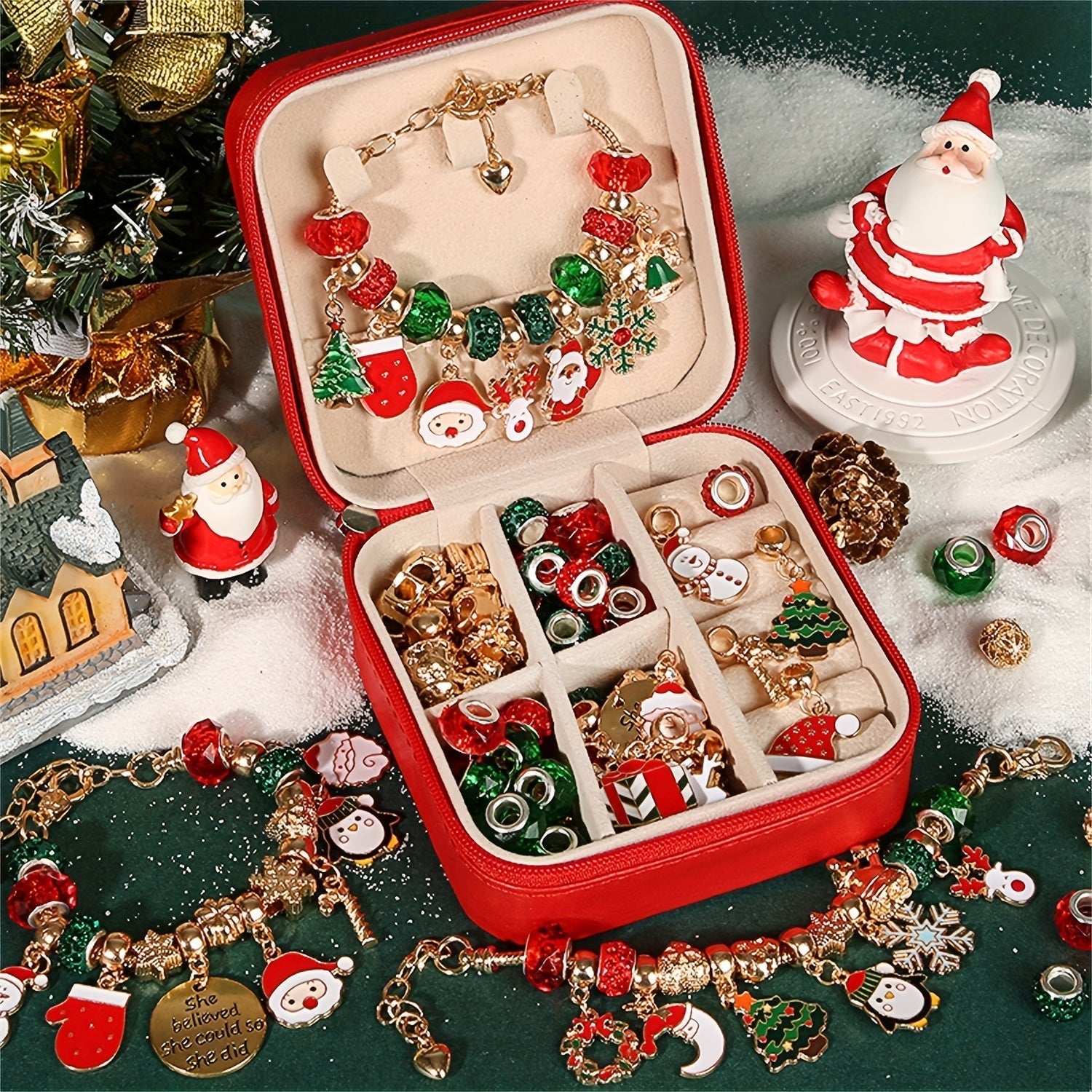Christmas Charm Bracelet Craft Kit, Elegant Red-Green Series DIY Beads