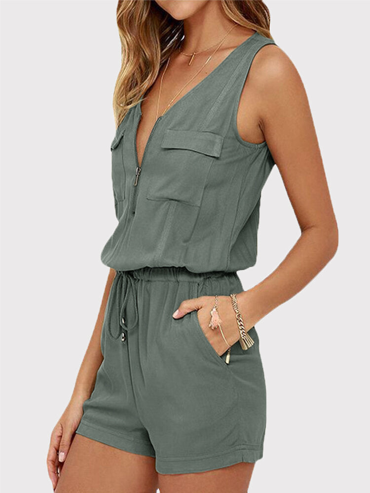 Rhian - Casual V-Neck Sleeveless Set with Front Zipper and Elastic Waist for Outdoors