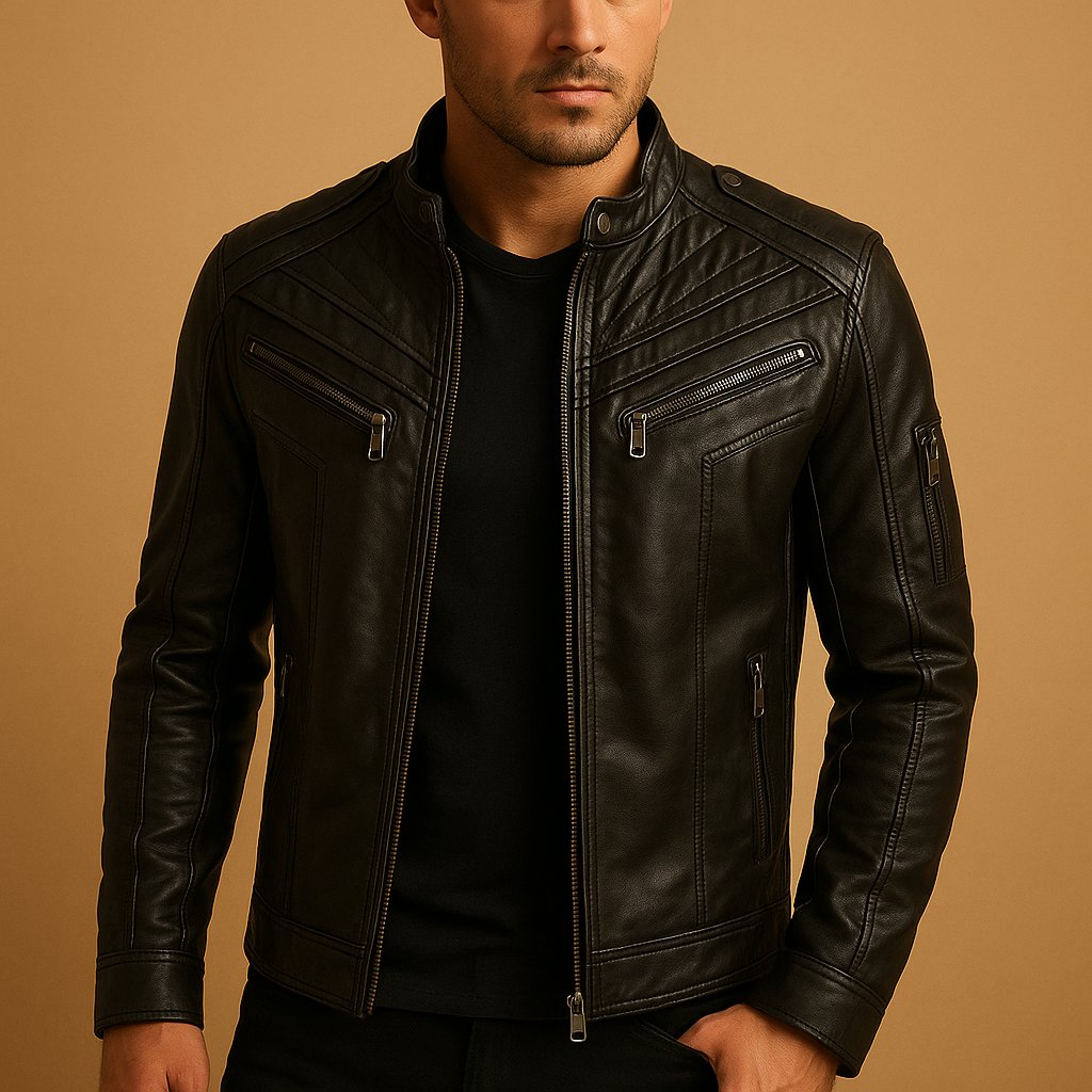 Jasper | Quilted Leather Jacket with Stand Collar for Men