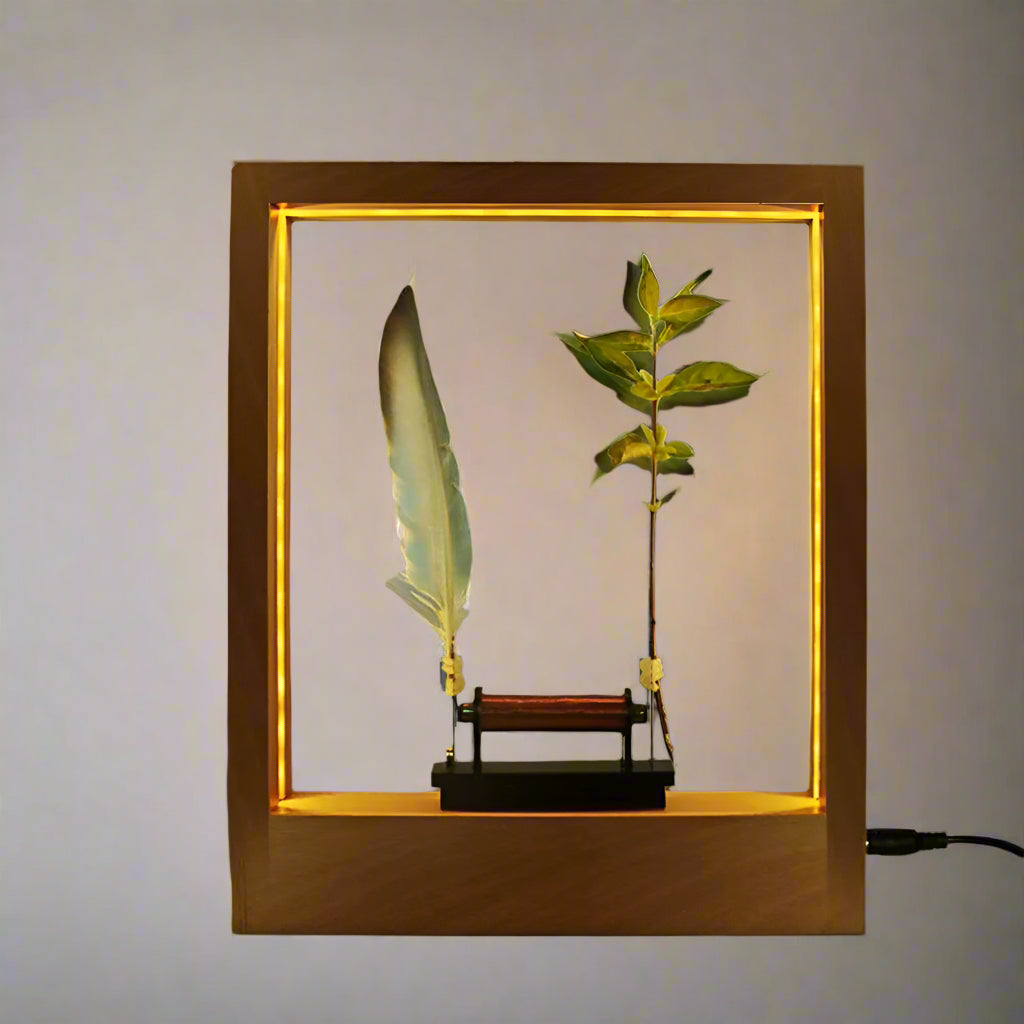 AetherGlow – Levitating Wooden Display with Floating Feather and Plant